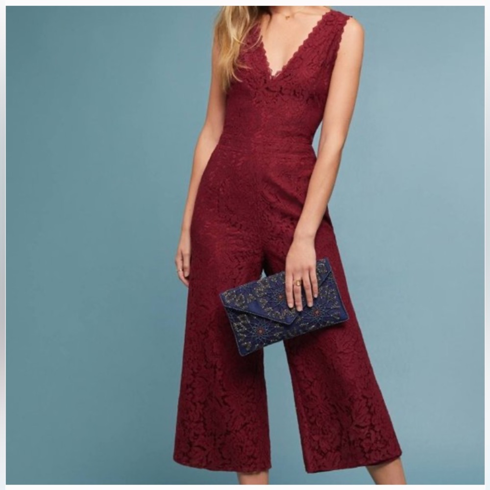 BRAND NEW - Anthropologie Lace Jumpsuit (Cropped) - Wine Color - Size L